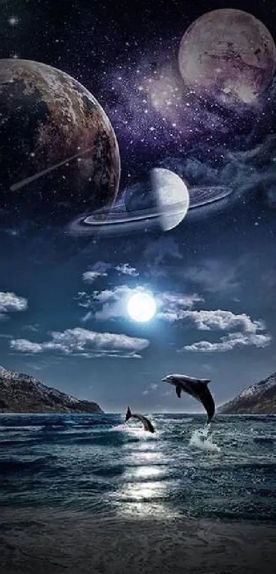 Dolphins leaping in a cosmic ocean with planets in the night sky.