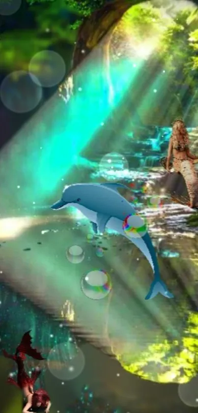 Fantasy wallpaper with dolphin, mermaids, and glowing turquoise light.