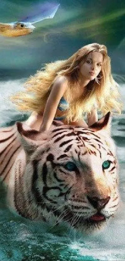 Fantasy wallpaper of woman riding a white tiger through ocean waves.