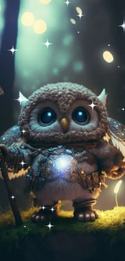 Fantasy owl warrior in enchanted forest with glowing lights.