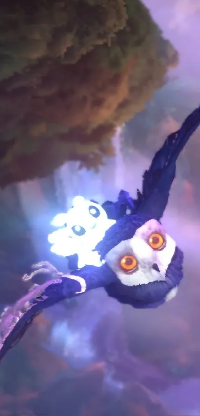 Owl and glowing creature soaring through a mystical forest, vibrant purple hues.