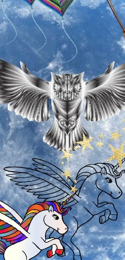 Fantasy owl and unicorns in a starry sky wallpaper.