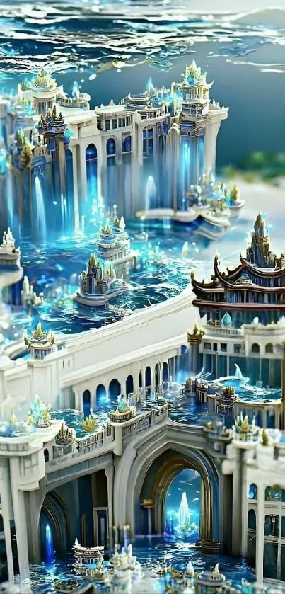 A fantasy palace with blue hues digital art background for mobile display.