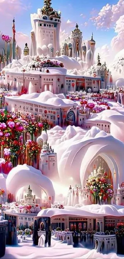 Fantasy palace with vibrant flowers and dreamlike scenery.