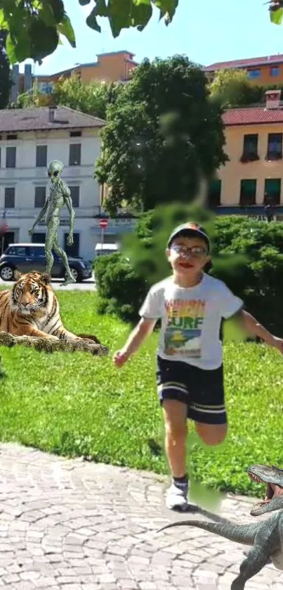 Child running in park surrounded by fantasy creatures.