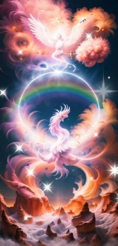 Whimsical phoenix with rainbow swirl in mystical landscape.