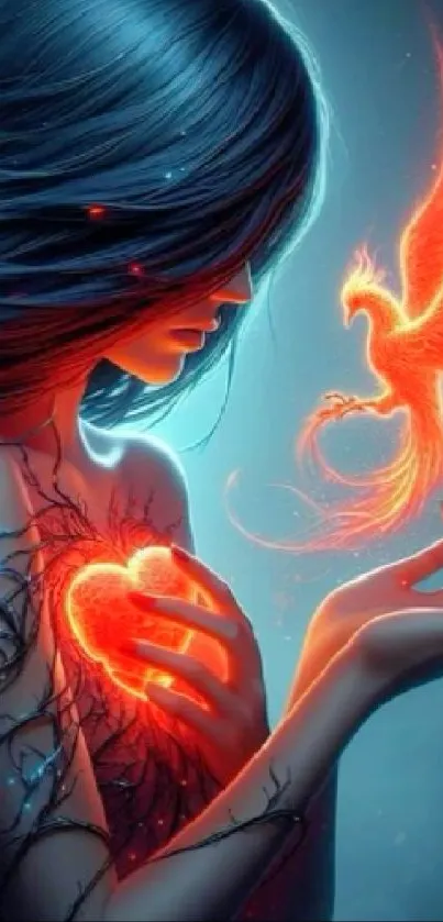 Fantasy digital art with woman and phoenix, glowing heart theme.