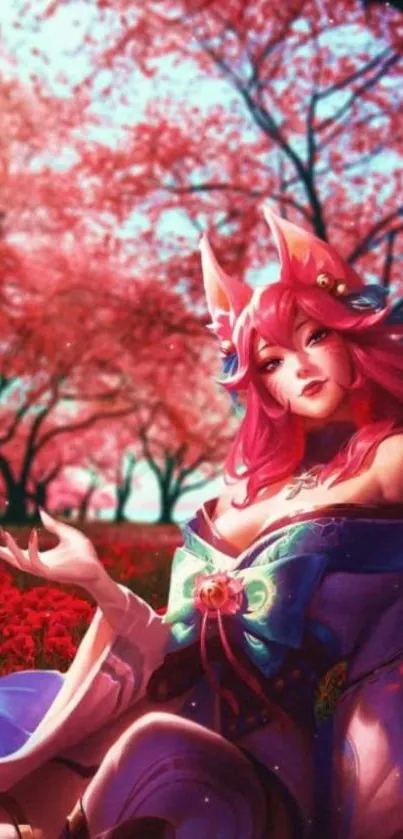 Anime character with pink hair amidst vibrant pink cherry blossoms.