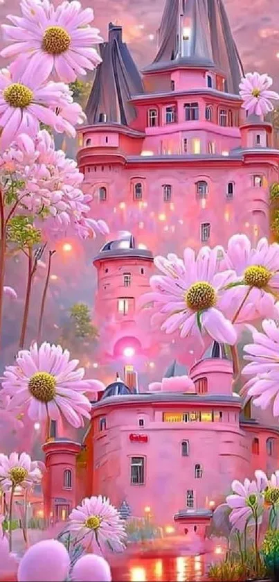 Pink fantasy castle with blooming flowers as mobile wallpaper.