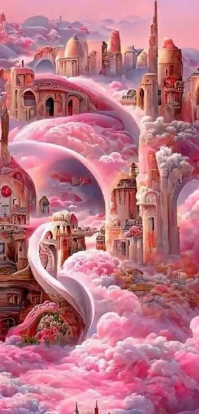 A surreal pink cityscape with whimsical towers and clouds.