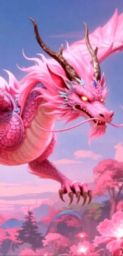 Pink dragon flying over a fantasy landscape.