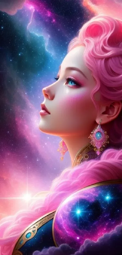 Fantasy portrait of a pink-haired girl with a cosmic background.