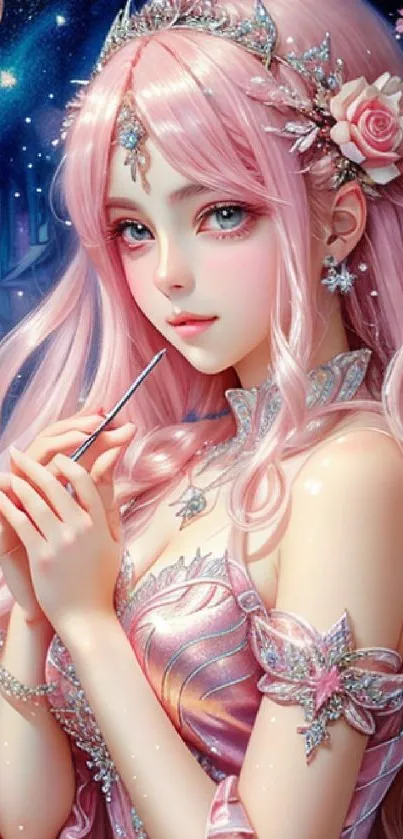 Fantasy anime princess with pink hair in a magical starry setting.