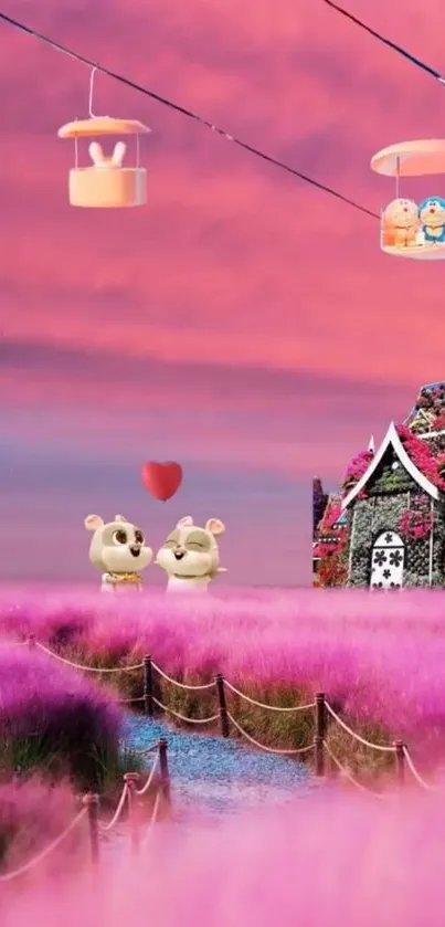 Cute fantasy wallpaper with pink sky and cartoon characters in dreamy landscape.