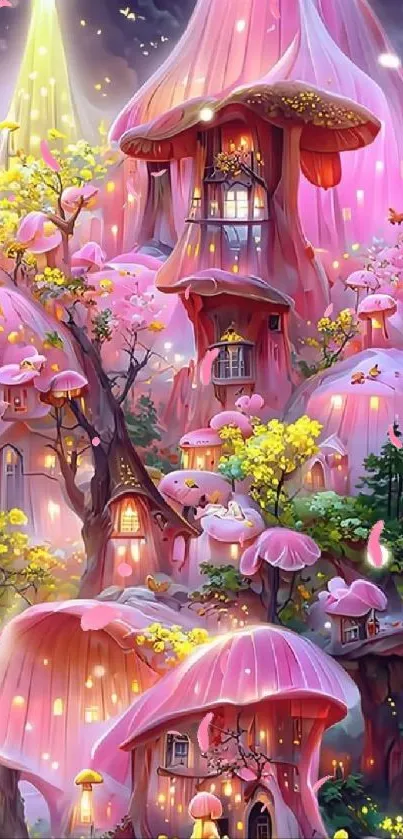 Fantasy village with pink mushrooms and fairy lights.