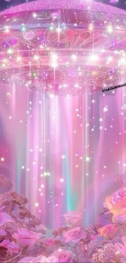 Dreamy alien spaceship with pink roses and mystical light beams.