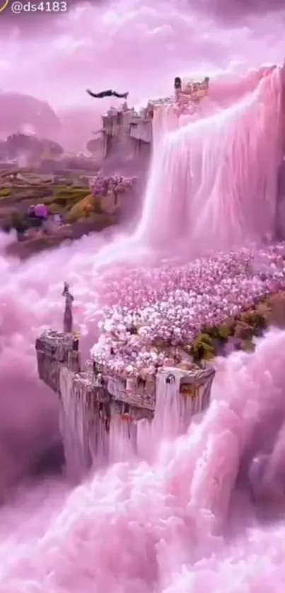 Dreamy pink waterfall fantasy landscape with mystical clouds.