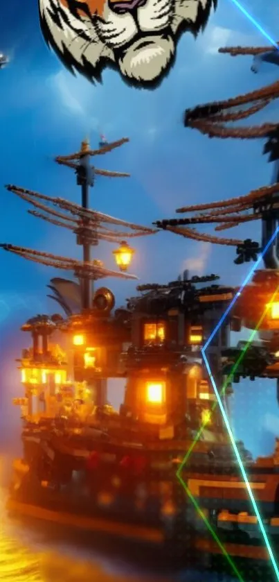 LEGO pirate ship with glowing lights against a blue sky backdrop.