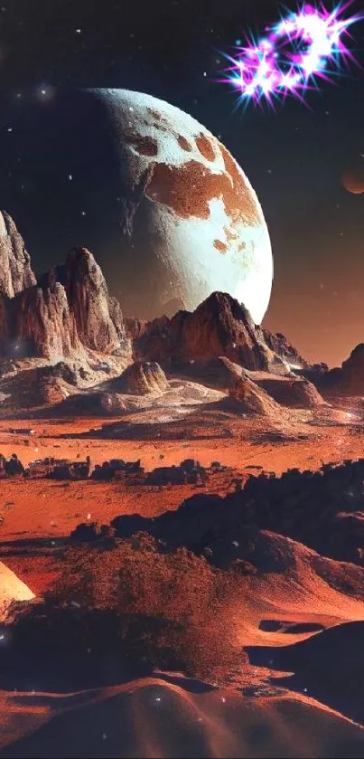 Alien planet and rocky terrain with cosmic backdrop.