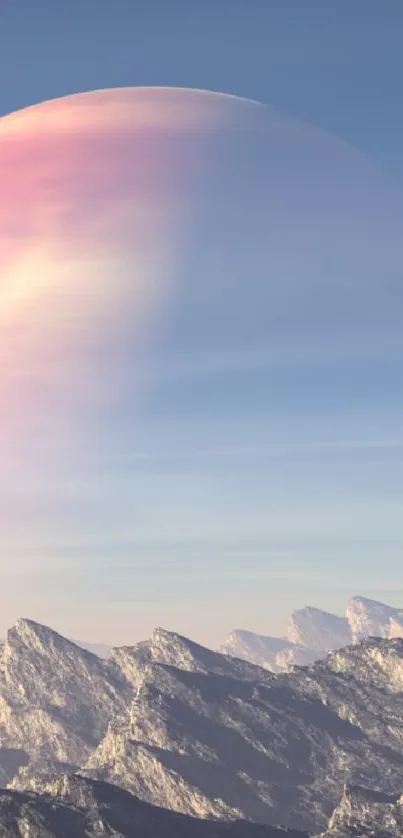 Fantasy landscape with two planets over rocky mountains under a blue sky.