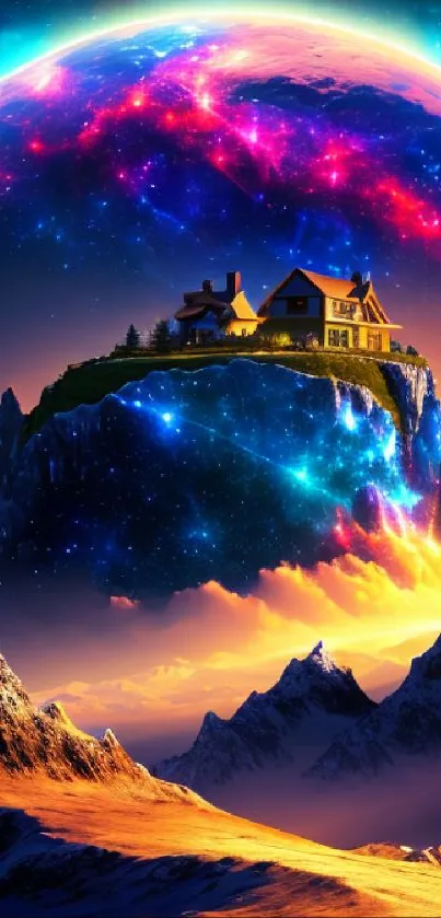 Vibrant fantasy landscape with a floating house and cosmic background.