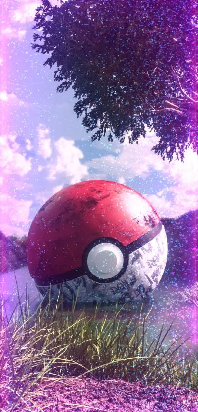 Mystical Pokeball in serene landscape.