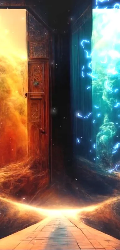 Fantasy portal with dual elements of fire and water, vibrant mobile wallpaper.