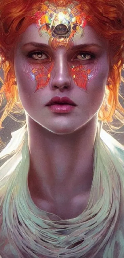 Mystical fantasy woman portrait wallpaper with vivid orange hues and ethereal art.