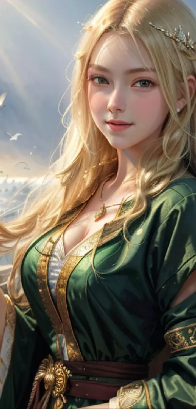 Fantasy portrait of blonde character in green medieval dress with scenic background.