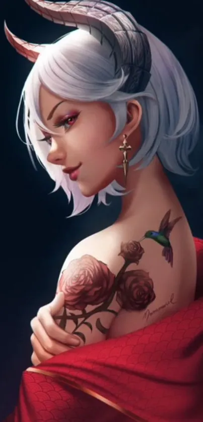 Fantasy character with white hair, tattoos, and a mysterious look.