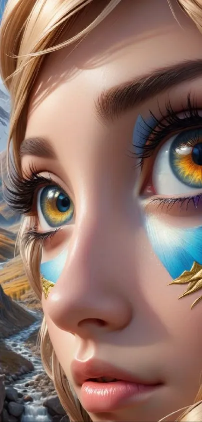 Fantasy character with colorful eyes and striking makeup set in mountains.