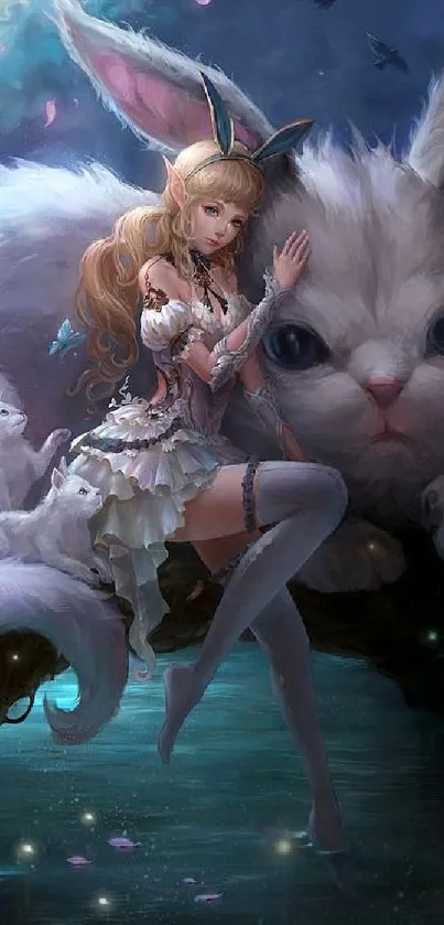 Fantasy princess with a large white cat in a dreamy landscape.