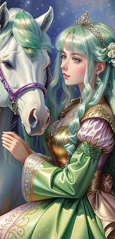 Fantasy art of a princess with a horse under a starry sky.