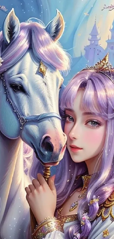 Fantasy princess with horse in castle setting, pastel tones, mobile wallpaper.