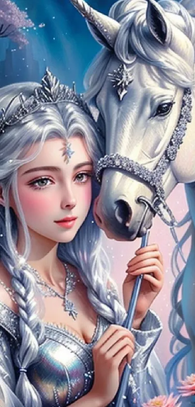 Fantasy artwork featuring a princess with a unicorn in a mystical setting.