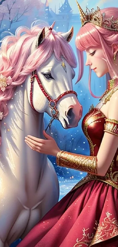 Fantasy princess with unicorn in a luminous landscape.