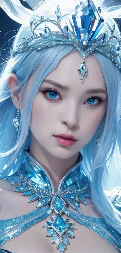 Ethereal fantasy ice queen with blue eyes and mystical tiara in a captivating wallpaper.