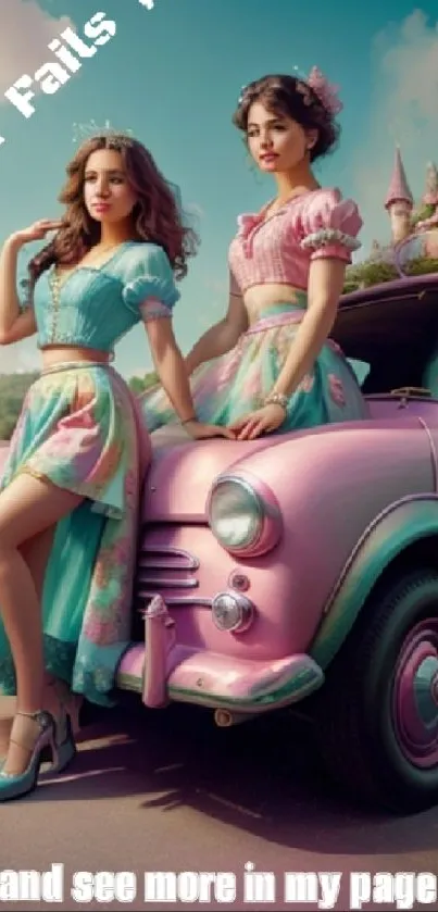 Whimsical princesses with car in dreamy pastel hues.