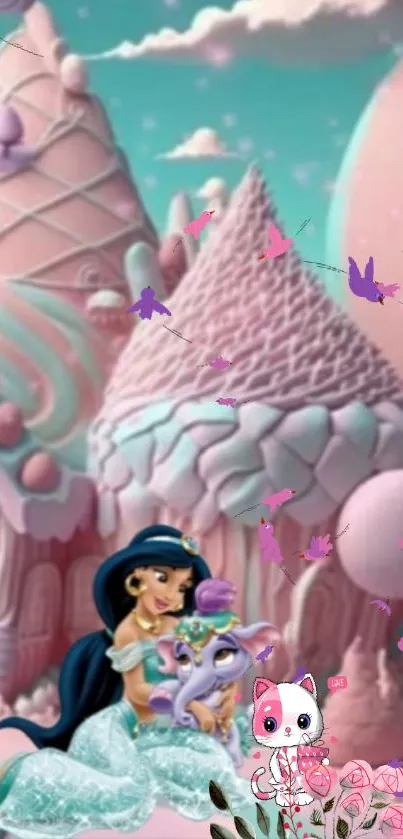 Whimsical cartoon wallpaper with a fantasy princess and pastel colors.