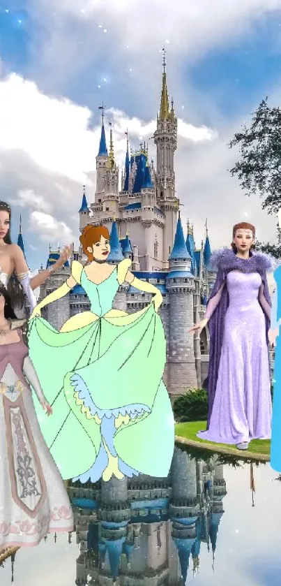 Fantasy princesses in front of a castle with blue sky.