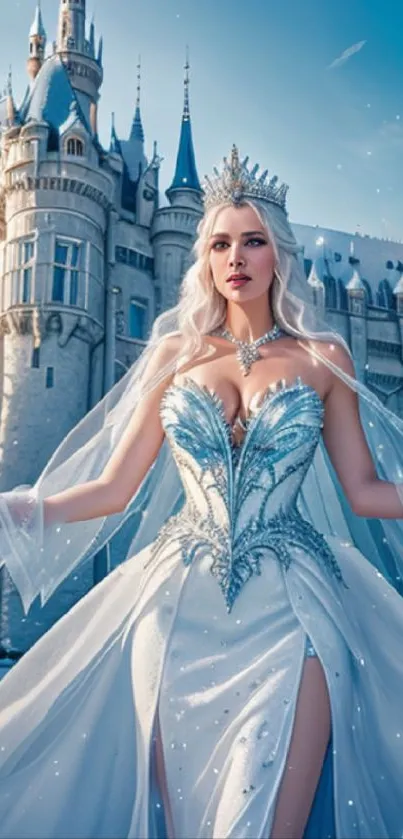 Elegant princess in a sparkly dress stands before a grand castle.