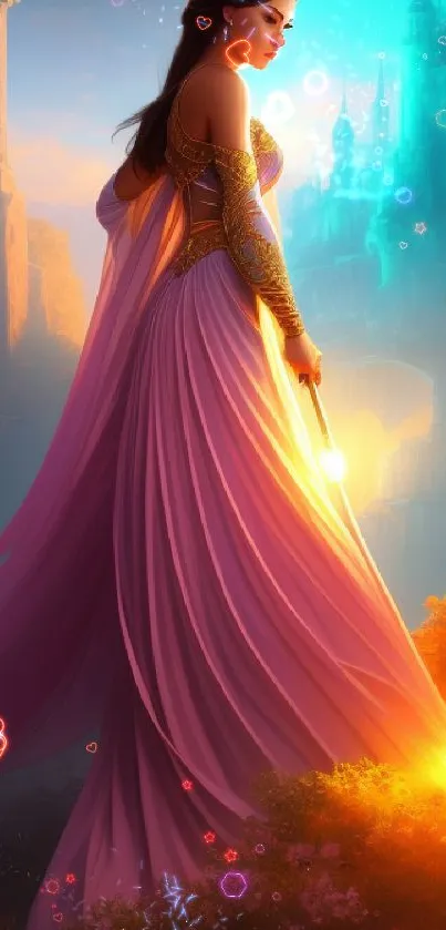 Fantasy princess with glowing orbs and castle backdrop.