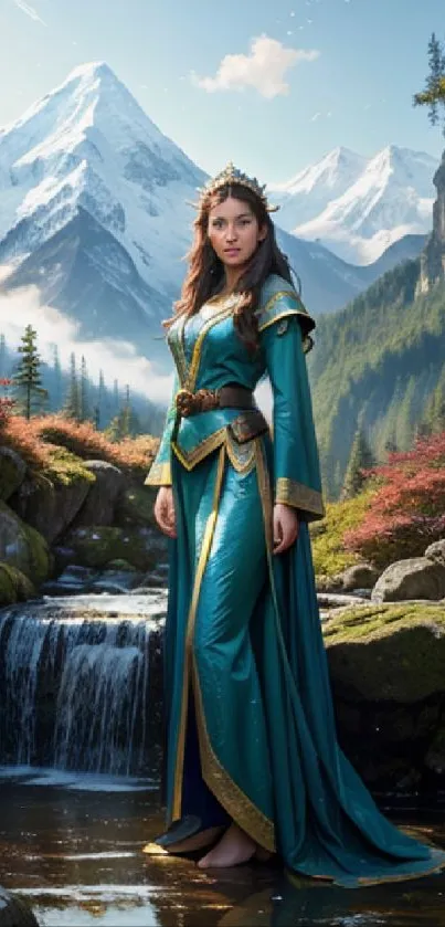 Fantasy princess in teal dress by a waterfall with mountains.