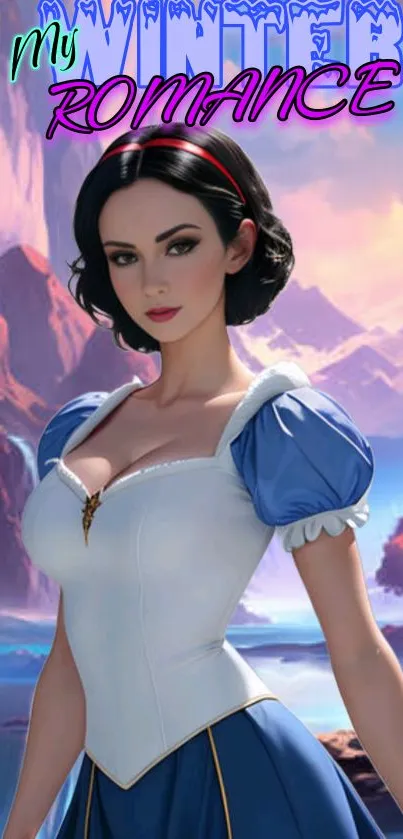 Fantasy princess in scenic landscape mobile wallpaper with blue tones.