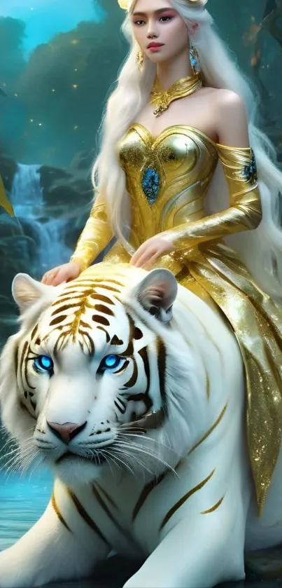 Fantasy princess riding a white tiger in a mystical forest.