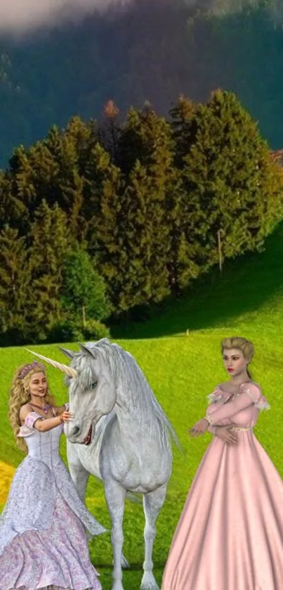 Fantasy scene with two princesses and a unicorn in a vibrant green landscape.