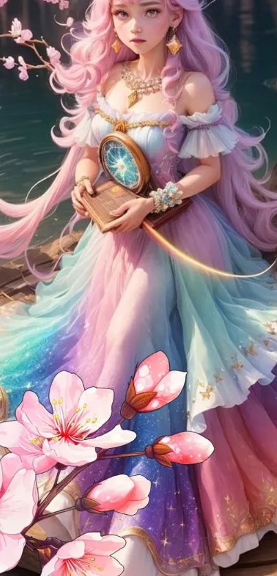 Fantasy princess in lavender dress with blossoms on serene lake background.
