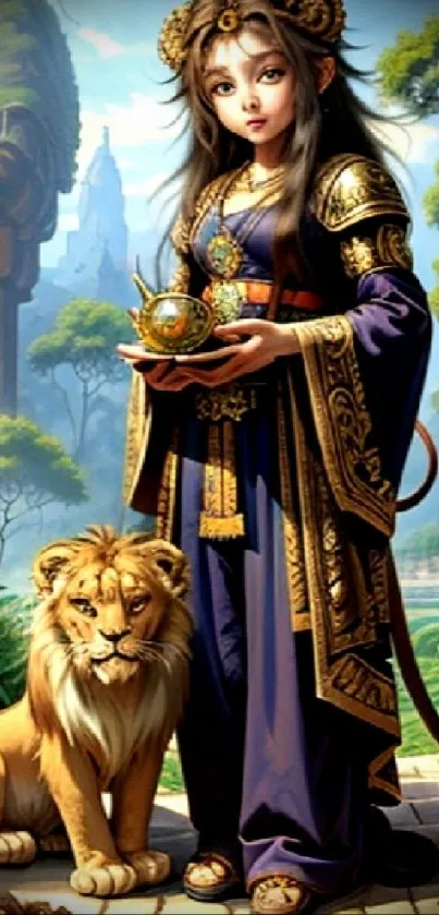 Fantasy princess with lions in a vibrant forest setting, holding an orb.