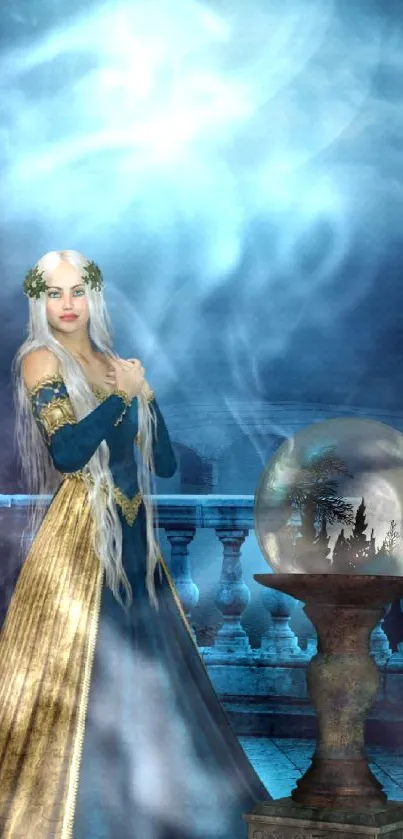 Fantasy princess holding an orb in a magical blue setting.