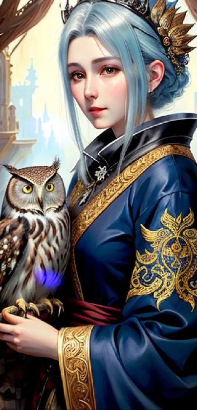 Fantasy princess in blue holding an owl.